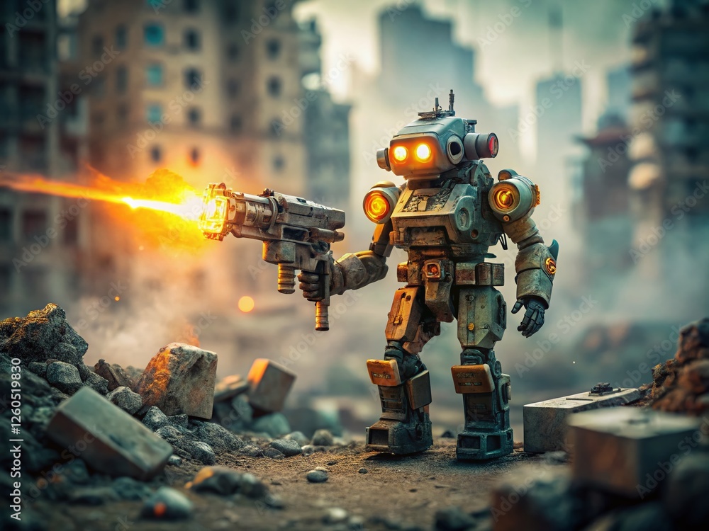 Miniature Robot with Flare Gun in Desolate Post-Apocalyptic Landscape - Tilt-Shift Photography Miniature Robot with Flare Gun in Desolate Post-Apocalyptic Landscape - Tilt-Shift Photography