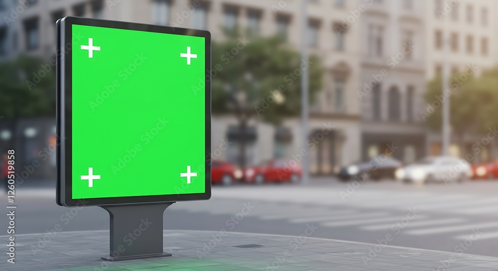 Green Screen Billboard Mockup on City Street Corner with Traffic Green Screen Billboard Mockup on City Street Corner with Traffic