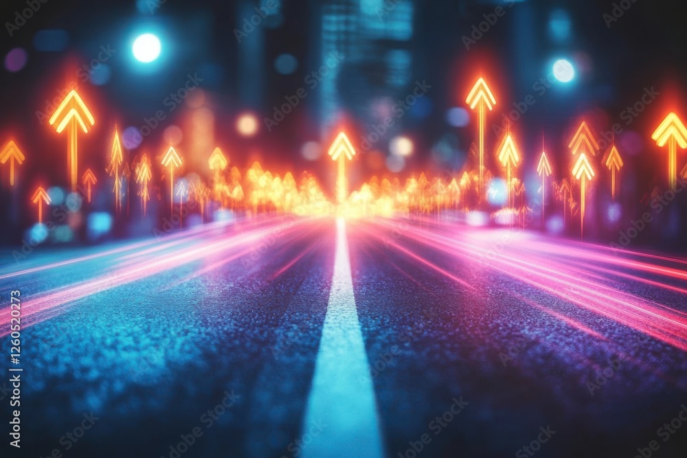 A bright highway of light heads towards a bright future. Many glowing arrows shoot up, symbolizing growth and progress. A bright highway of light heads towards a bright future. Many glowing arrows shoot up, symbolizing growth and progress.