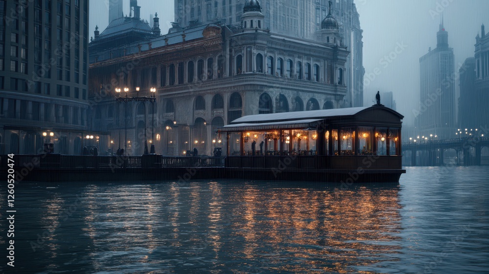 Naklejka premium Rainy Cityscape With Illuminated Waterfront Restaurant