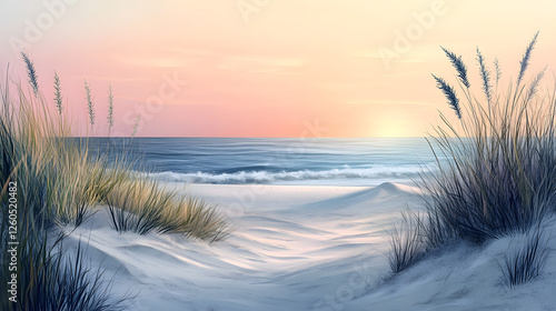 A simple illustration of a sandy beach with grasses and the ocean in soft pastel colors
