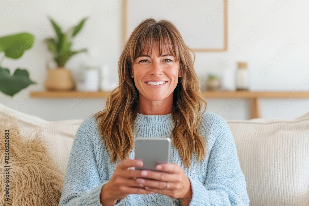 Smiling woman in a cozy sweater using a smartphone indoors Smiling woman in a cozy sweater using a smartphone indoors