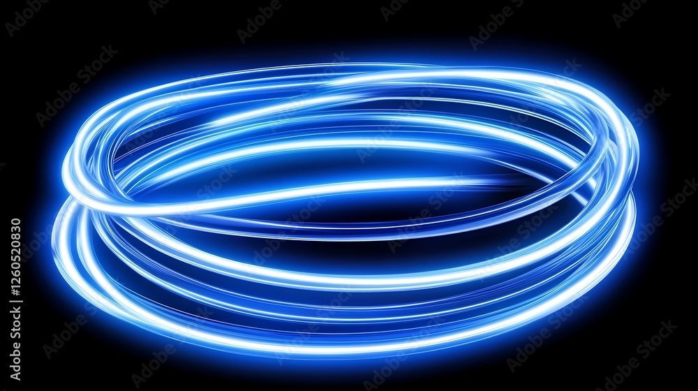 Glowing blue light trails forming concentric circles on black background. Glowing blue light trails forming concentric circles on black background.