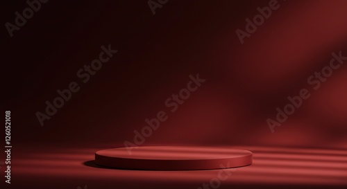 Dark Red Cylinder Pedestal Podium - Minimalist Product Display Platform in Deep Crimson Tones, Empty Stage for Product Showcase on Studio Background.