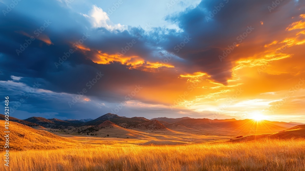 Obraz premium A breathtaking sunset illuminates a vast landscape, showcasing rolling hills and open fields under a dynamic sky filled with vibrant colors, creating a serene and picturesque scene