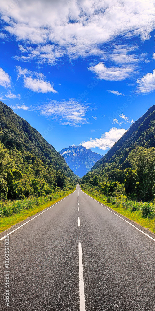 Naklejka premium A stunning perspective of a long, winding road flanked by lush greenery and towering mountains under a vibrant blue sky, inviting exploration and adventure in nature's beauty.