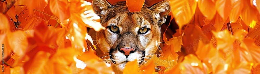 A tiger is in a forest of orange leaves A tiger is in a forest of orange leaves