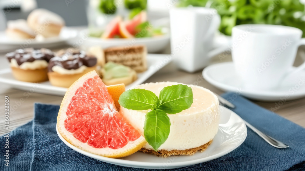 luxurious dessert platter featuring cheesecake slice, grapefruit, and mint leaves, perfect for delightful afternoon treat luxurious dessert platter featuring cheesecake slice, grapefruit, and mint leaves, perfect for delightful afternoon treat