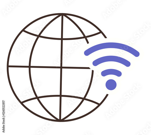 Globe with grid lines and blue wireless signal indicating worldwide communication and online access. Ideal for technology, network, internet, connectivity, digital transformation, global outreach