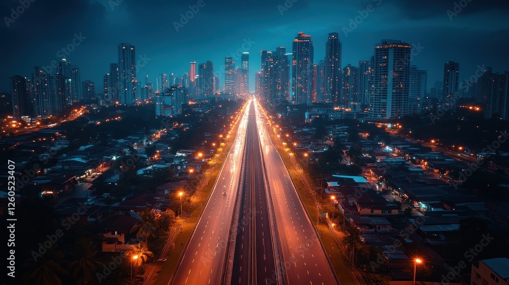 Fototapeta premium Aerial view of the highway running through the city at dusk. Urban landscape with modern skyscrapers and residential areas along the road