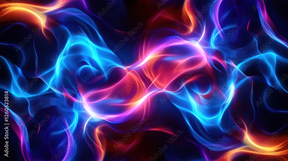 Obraz premium A vibrant abstract image featuring flowing waves of blue, red, and orange light against a dark background, creating a sense of movement and energy, perfect for digital design.