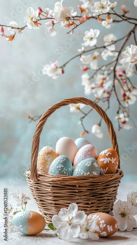 A stunning wooden basket brims with intricately decorated Easter eggs in soft pastel shades, accompanied by blossoming branches and delicate flowers, creating a serene spring atmosphere
