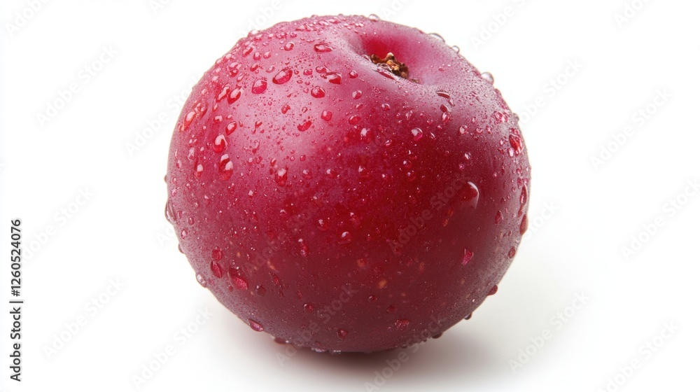 Fresh, Juicy Red Plum with Water Droplets on a White Background Fresh, Juicy Red Plum with Water Droplets on a White Background