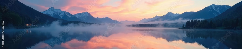 Mountain lake at dawn with mist rising from the water, mountain lakes, Mountain lake at dawn with mist rising from the water, mountain lakes,