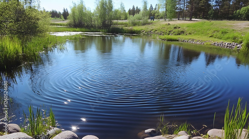 Serene pond with concentric ripples, reflecting sunlight on calm water, surrounded by lush green vegetation and rocks.