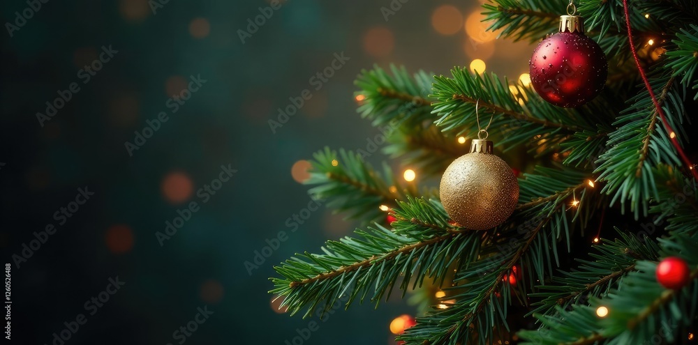 Ornate tree branches with sparkling garlands and ornaments, twinkle lights, holly Ornate tree branches with sparkling garlands and ornaments, twinkle lights, holly