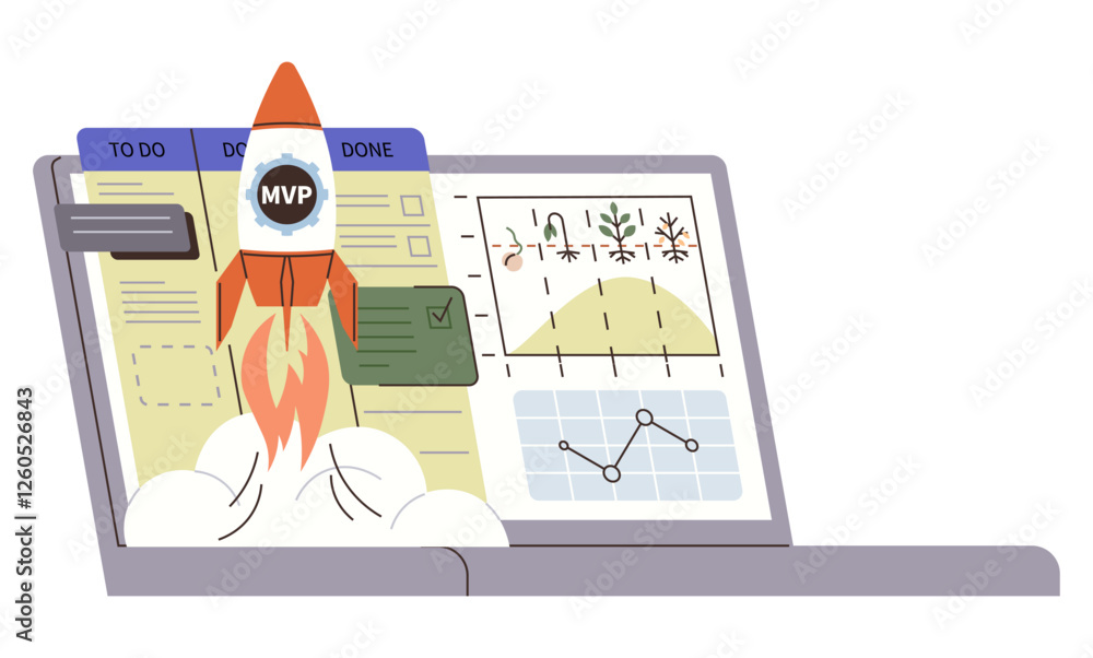 Fotobehang Sportwinkel Rocket labeled MVP launching from laptop with project boards, graphs, and tasks, symbolizing productivity, innovation, growth, and goal achievement. Ideal for tech strategy, startups workflow #1260526843