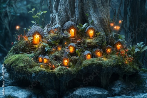 Enchanting fairy village nestled in mossy forest tree, glowing lights, fantasy