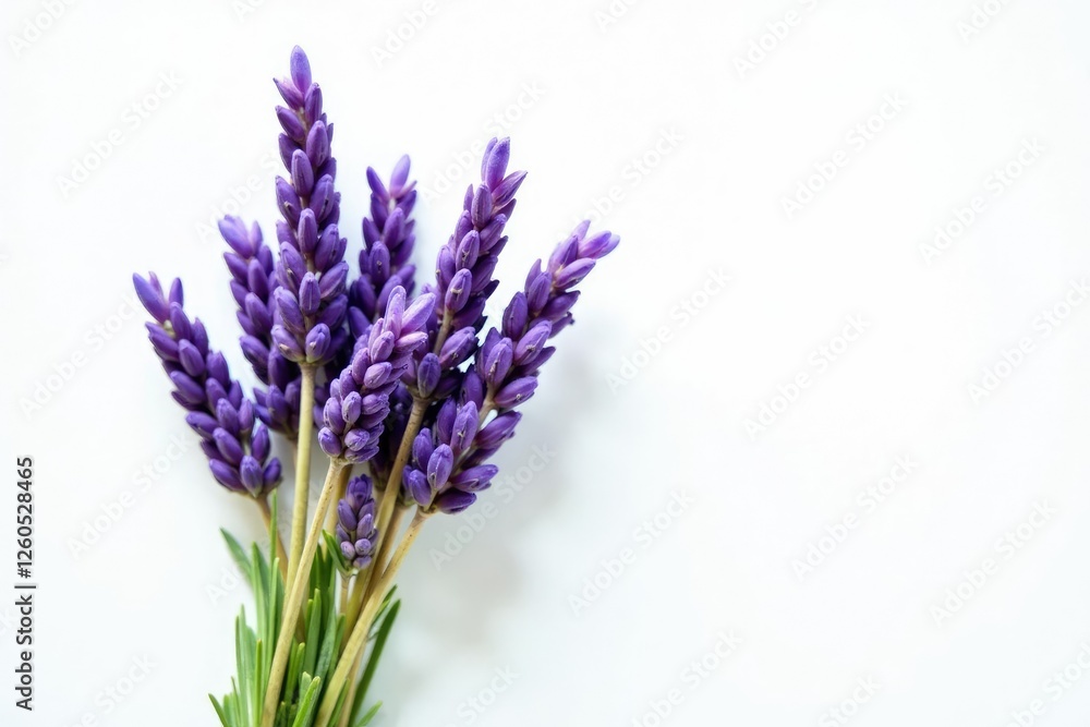 Naklejka premium Small bunch of dried lavender sprigs against white background, foliage, floral, nature