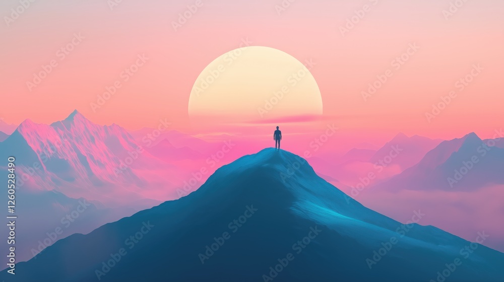 Fototapeta premium Man standing top of mountain with sun in background illustration