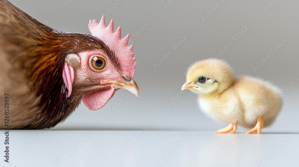 Fototapeta premium Chicken and chick interact in a cozy setting indoors