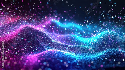 Blue and purple particles create a dynamic, glowing wave pattern, evoking a sense of digital technology and futuristic design