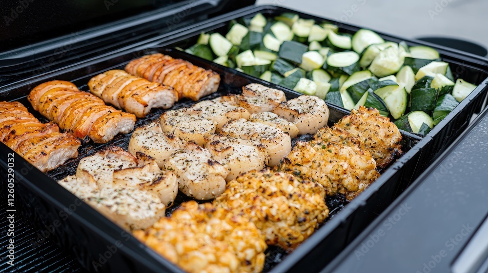 Grilled seafood and vegetables on a barbecue Grilled seafood and vegetables on a barbecue
