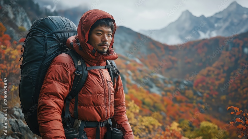 hiker on mountain portrait with red jacket hiker on mountain portrait with red jacket