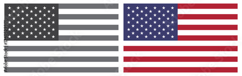 United States of American flag in regular colors and as black and white tone. United States of America symbol. Vector illustration.