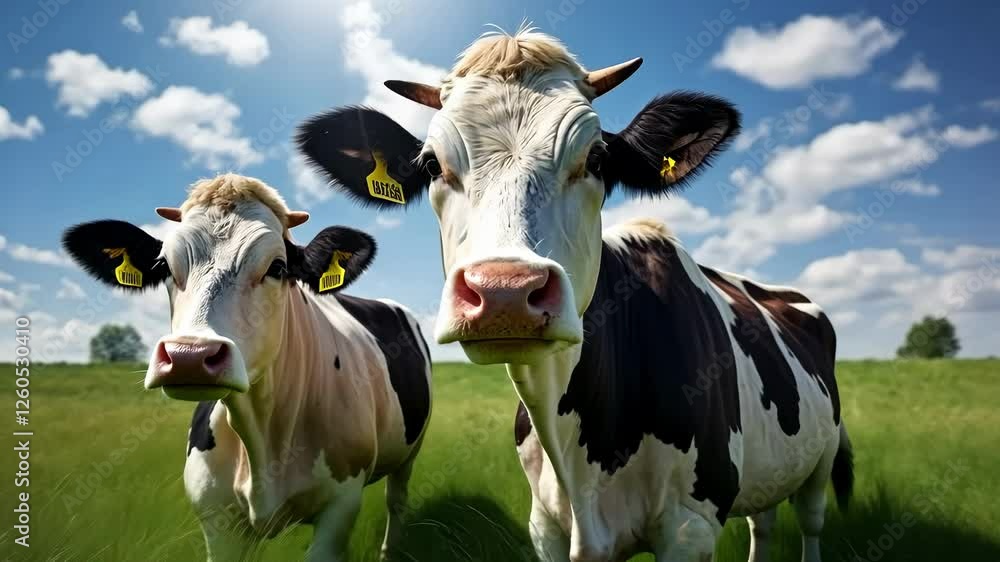 Low-angle video shot of two cows in a lush green field under a bright blue sky with fluffy clouds, capturing a serene rural scene. Low-angle video shot of two cows in a lush green field under a bright blue sky with fluffy clouds, capturing a serene rural scene.