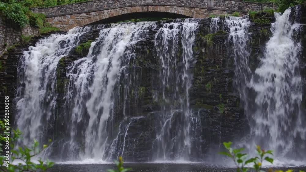 Slow Motion Shot of a Bridge and Cascading Waterfall – Majestic Flowing Water, Serene Nature Scene, Misty Atmosphere, Breathtaking Scenic Beauty, Tranquil Outdoor Escape, Lush Greenery, Peaceful Slow Motion Shot of a Bridge and Cascading Waterfall – Majestic Flowing Water, Serene Nature Scene, Misty Atmosphere, Breathtaking Scenic Beauty, Tranquil Outdoor Escape, Lush Greenery, Peaceful