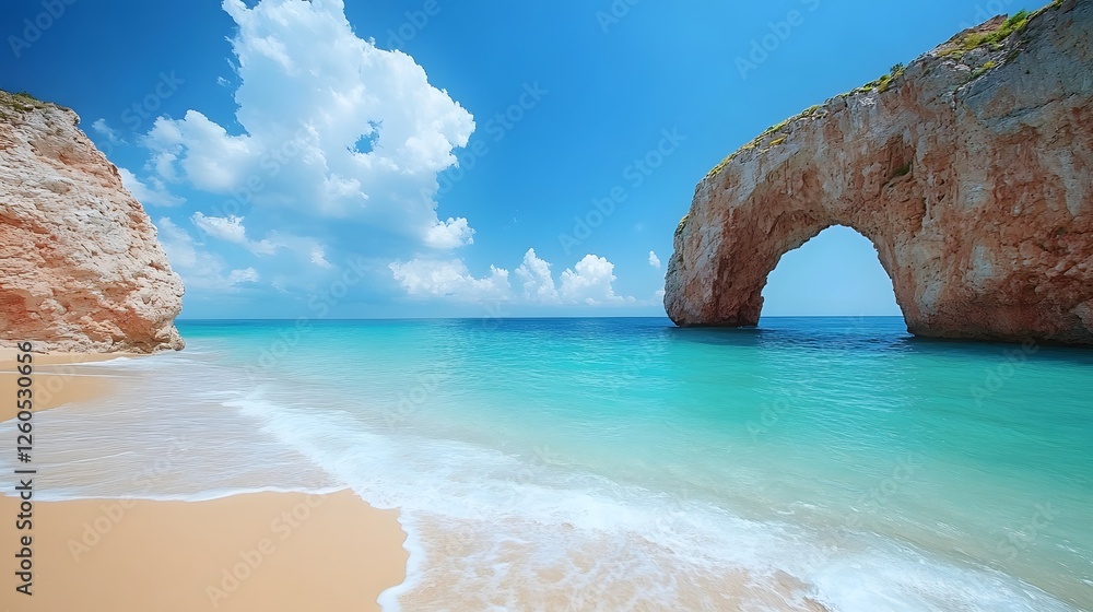 Fototapeta premium Majestic natural rock arch formation rises from turquoise ocean waters, framed by sandy beach and bright blue sky with white fluffy clouds in dramatic coastal landscape.