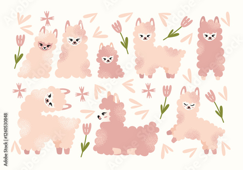 Cute fluffy llamas and alpacas set with flowers isolated on a white background. Mother lama and her baby. Animal and nature-themed concept design. Vector illustration