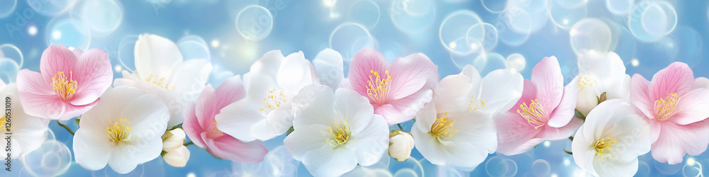 Delicate blossoms adorn a dreamy blue background Delicate blossoms adorn a dreamy blue background