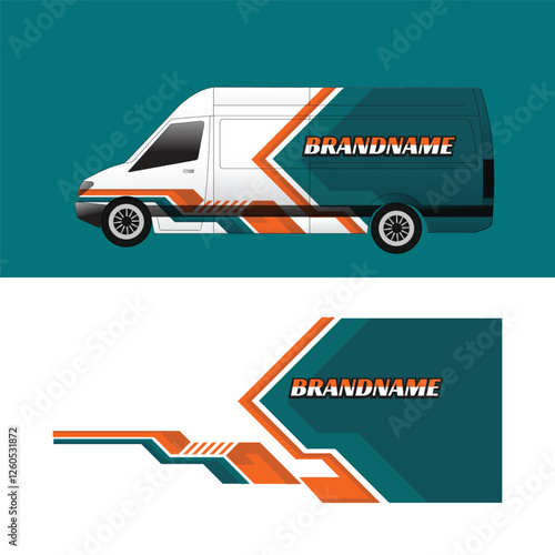 Vehicle decal design with a combination of dark green, white and bold orange accents. The wavy graphic provides a modern and dynamic look, perfect for wrapping vans, trucks and commercial vehicles.
