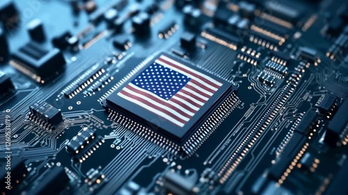 Close-up of a computer microchip featuring a printed American flag on a circuit board background, representing technology and national identity connection.