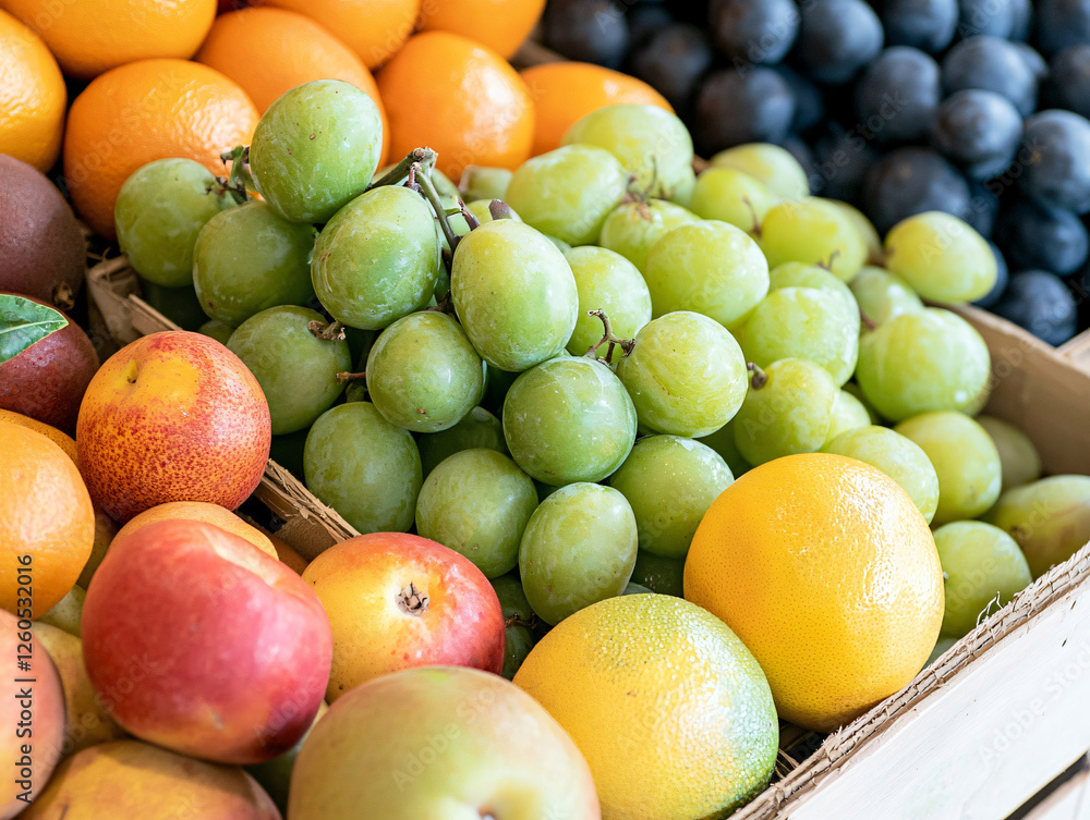 Fresh fruits in vibrant display, including green grapes, apples, oranges, and plums, create colorful and inviting scene. Perfect for healthy eating and vibrant markets Fresh fruits in vibrant display, including green grapes, apples, oranges, and plums, create colorful and inviting scene. Perfect for healthy eating and vibrant markets
