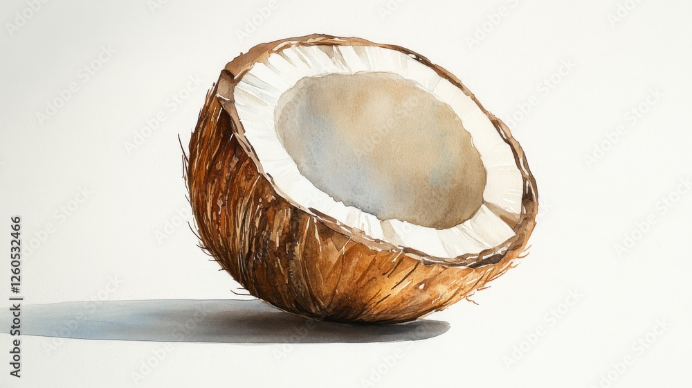Refreshing watercolor coconut half white flesh brown shell Refreshing watercolor coconut half white flesh brown shell
