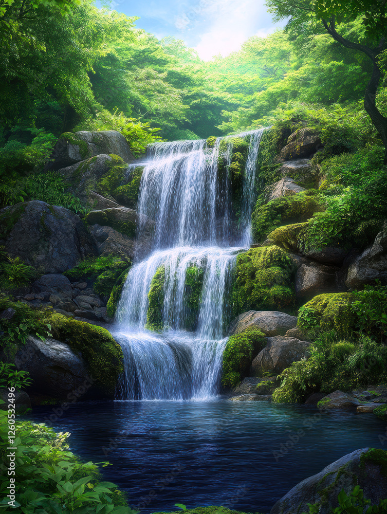 Discover the serene beauty of a cascading waterfall surrounded by lush greenery, where nature’s tranquility meets the gentle sounds of flowing water.