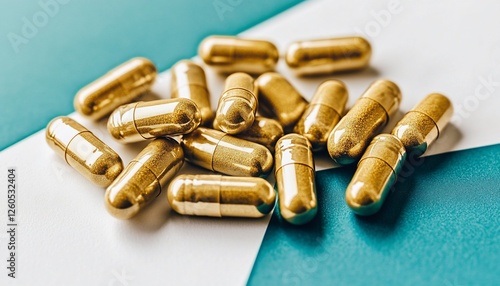 Wallpaper Mural Golden Medicine Capsules On Teal And White Background Torontodigital.ca