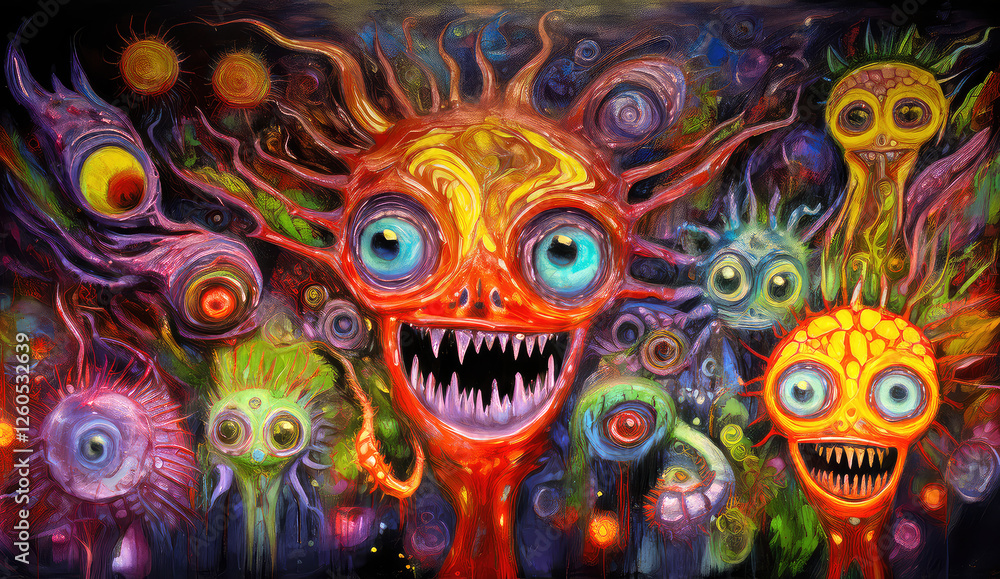 Fototapeta A surrealist nightmare unfolds in a vibrant, grotesque painting featuring bizarre creatures.