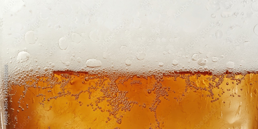 Refreshing golden beverage with foam and bubbles captured in glass during celebration time Refreshing golden beverage with foam and bubbles captured in glass during celebration time