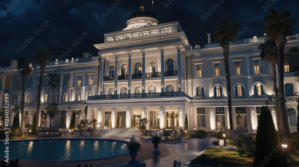 Naklejka premium Grand Mediterranean Mansion Nighttime Illumination