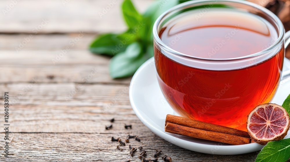 Tea Cup on Wooden Table with Spices and Herbs Tea Cup on Wooden Table with Spices and Herbs