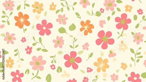 Wallpaper Mural Delicate small floral pattern in soft pink, coral orange, and mint green on a creamy background, ideal for website banners, social media covers, and feminine branding designs.  Torontodigital.ca
