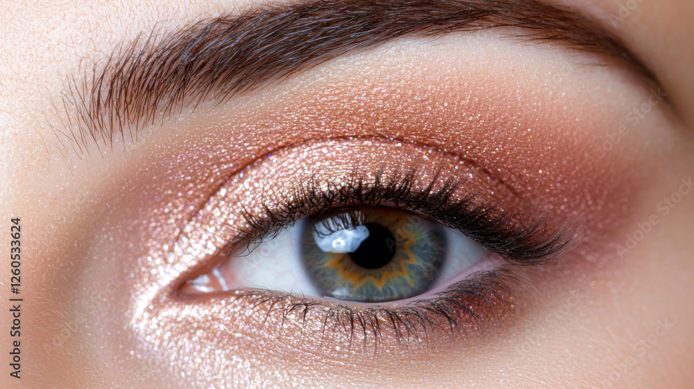 Eye makeup with shimmering hues showcasing beauty techniques in close-up Eye makeup with shimmering hues showcasing beauty techniques in close-up