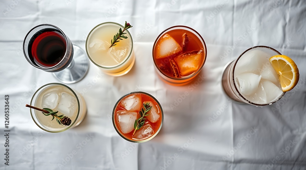 Set of various winter cocktails: mulled wine, eggnog, limoncello, old-fashioned, coconut margarita. White linen background. Set of various winter cocktails: mulled wine, eggnog, limoncello, old-fashioned, coconut margarita. White linen background.