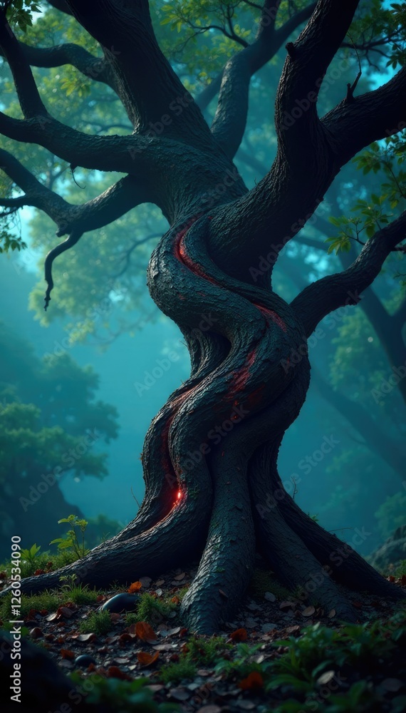 The tree's bark appears to be twisted and tortured, darkness, mysterious The tree's bark appears to be twisted and tortured, darkness, mysterious