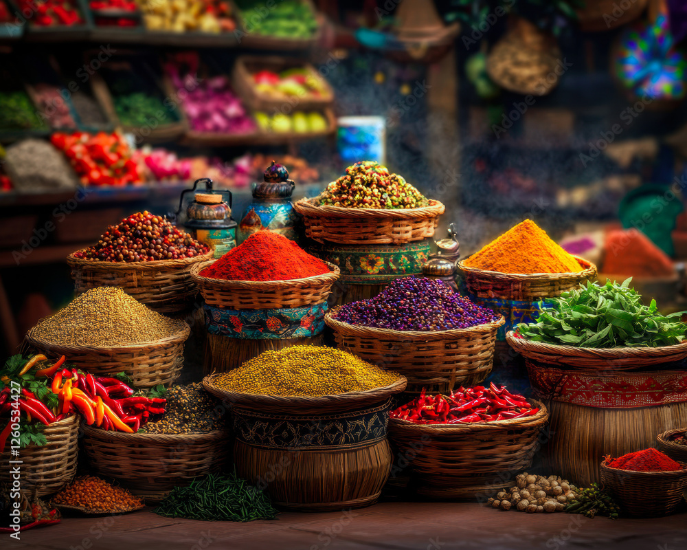 Fototapeta premium Explore a captivating marketplace filled with colorful baskets brimming with spices, herbs, and chilies.