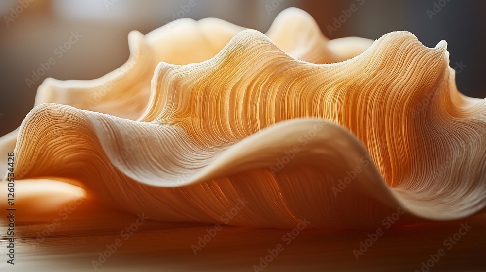 Abstract beige waves, studio light, wooden surface, design element Abstract beige waves, studio light, wooden surface, design element